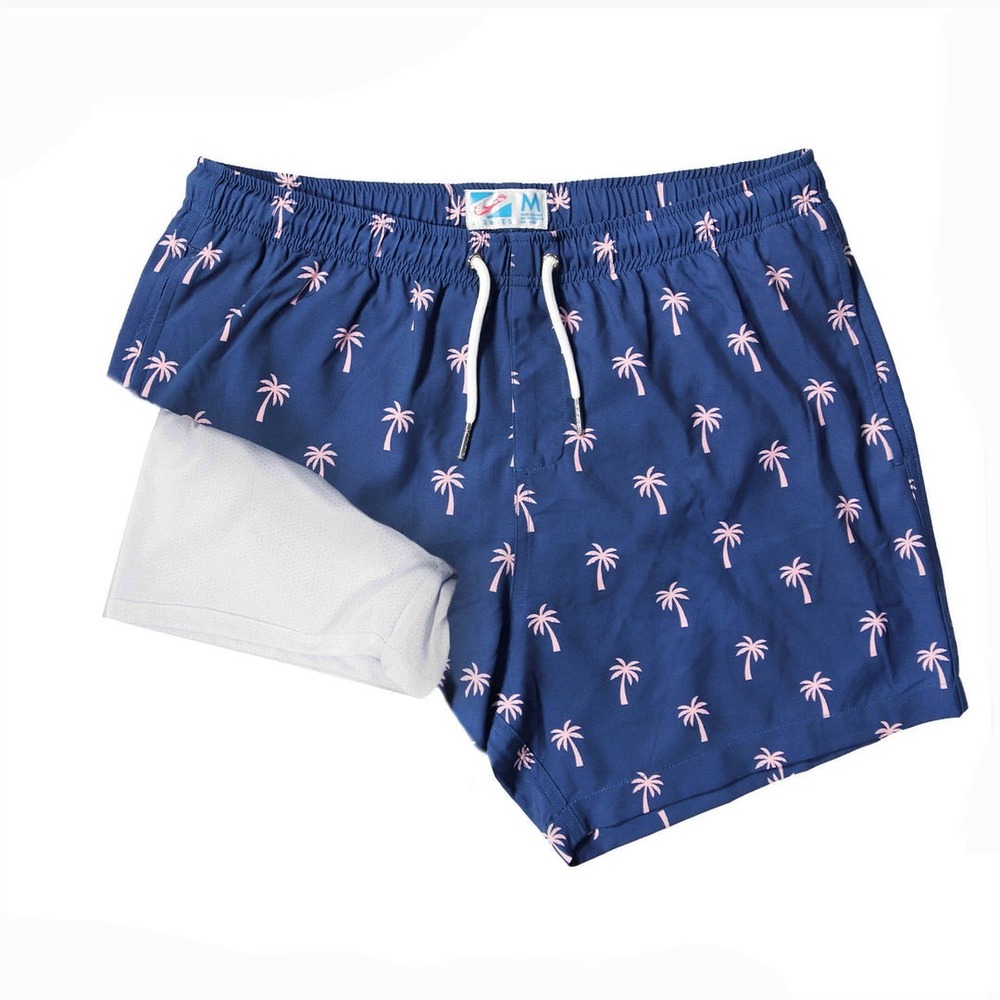 Bermies Mens Classic Swim Trunks Navy Pink Palm Tree‎ 6 Inch Inseam XL
